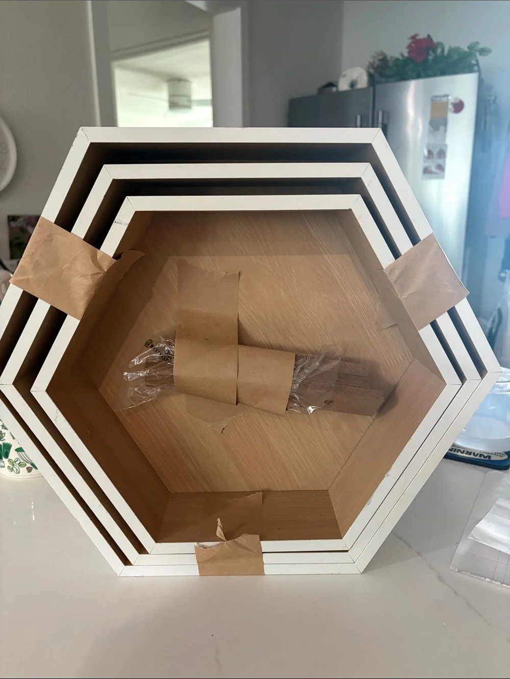 Hexagon Nested Wall Shelves - White Exterior with Light Wood Interior